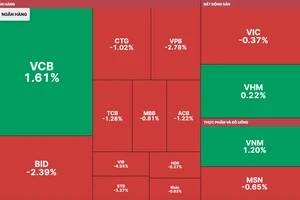 Nhóm cổ phiếu ngân hàng và bất động sản chìm trong sắc đỏ 