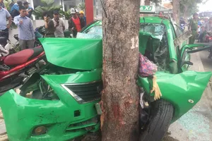 Đầu xe dính chặt vào cây xanh. Ảnh: CHÍ THẠCH
