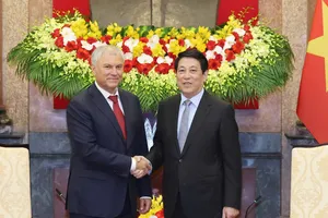 Chủ tịch nước Lương Cường tiếp Chủ tịch Duma Quốc gia Quốc hội Nga Vyacheslav Volodin. Ảnh: QUANG PHÚC.