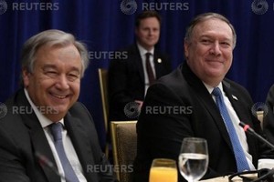 美國國務卿蓬佩奧與聯合國秘書長古特雷斯.2018-09-27 路透社。