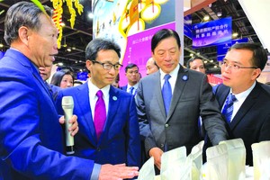 武德膽副總理（左二）參觀越南“魅力之城”安江省展位展出的當地特產。