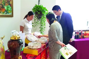 本市有多家企業在論壇的走廊上陳列產品，包括有咖啡、人參、燕窩、雞蛋、飲料、食品、稻米等優質產品                