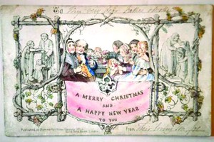 卡片上，一個貴族家庭圍坐在桌旁，三代人一同舉杯向不在場的親友慶祝聖誕。