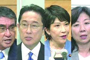 日媒報導截圖：（左起）河野太郎，岸田文雄，高市早苗，野田聖子。