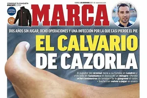 Tờ Marca dành trọn trang nhất số ngày mai để giới thiệu chấn thương cua Cazorla. Ảnh Dailymail.