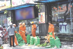 第五郡職能力量搬遷阮文琚街一餐廳前面的花盆。