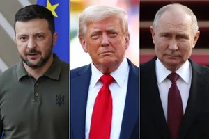 俄罗斯总统弗拉基米尔•普京（右）、美国总统唐纳德•特朗普（中）和乌克兰总统弗拉基米尔•泽连斯基。