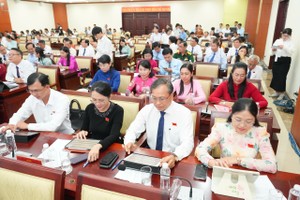 胡志明市人民议会代表正在通过决议草案。