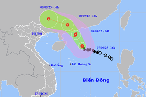 9月7日下午4时，7号台风位置及移动路径预测。