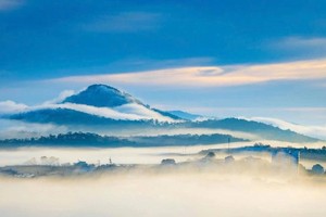 云海覆盖大勒的松林和山丘。摄影者：武玉善