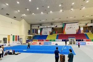 Đội tuyển wushu Việt Nam đang tập làm quen tại nhà thi đấu Cầu Giấy (Hà Nội). Ảnh: MINH CHIẾN