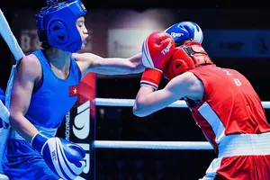 Nguyễn Thị Tâm (giáp xanh) đã lọt vào bán kết giải vô địch châu Á 2022. Ảnh: ASBC