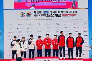 Đội bắn súng nam Việt Nam có tấm HCĐ 10m súng ngắn hơi nam tại giải vô địch châu Á 2023. Ảnh: MINH MINH