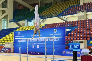 VĐV thi đấu nội dung xà kép nam trong ngày cuối của giải. Ảnh: MINH CHIẾN