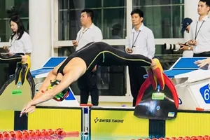 Các VĐV đang tranh tài sôi nổi giải lặn vô địch quốc gia 2025. Ảnh: HCMFINSWIMMING