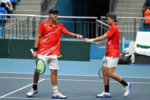 Hai tay vợt Tuấn Minh và Văn Phương đã thi đấu đôi nam tại Davis Cup nhóm III trong tháng 7 năm nay tại Bắc Ninh. Ảnh VTF