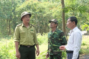 Lực lượng kiểm lâm huyện Hòa Vang trao đổi thông tin về thời tiết nắng nóng thất thường đối với chủ rừng trong những ngày tới. Ảnh: XUÂN QUỲNH