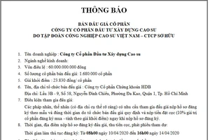 Thông báo: Bán đấu giá cổ phần Công ty Cổ phần Đầu tư Xây dựng Cao su