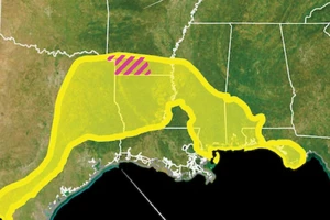 Vùng lấy mẫu thăm dò (sọc đỏ) bên dưới vùng biển cổ đại bang Arkansas nước Mỹ. Ảnh: USGS