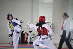 VĐV thi đấu đối kháng tại giải taekwondo sinh viên TPHCM mở rộng. Ảnh: NGUYỄN ANH