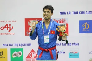 Bùi Minh Quân bảo vệ thành công tấm HCV Kurash hạng 81kg. Ảnh: DŨNG PHƯƠNG