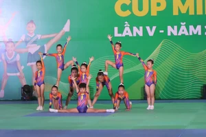 Phần trình diễn aerobic sôi động đến từ các đội tiểu học. Ảnh: NGUYỄN ANH