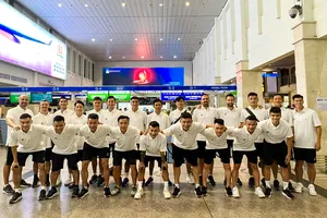 Đội futsal TPHCM gồm tập hợp 2 đội Thái Sơn Nam và Sahako lên đường dự Đại hội Thể thao toàn quốc 2022. ẢNH: ANH TRẦN