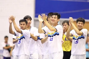 Niềm vui của các cầu thủ Thái Sơn Nam TPHCM khi vào chung kết Giải futsal quốc tế 2024 tổ chức tại Đại học Đồng Tháp. 