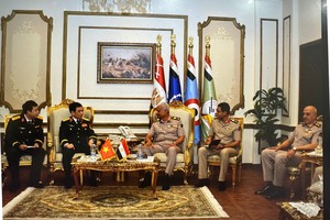 越南国防部长潘文江大将会见埃及国防部长萨克尔大将。