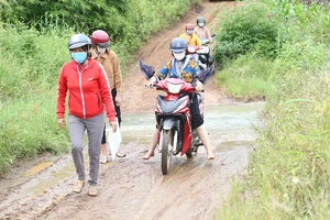 Giáo viên Trường Tiểu học Mạc Thị Bưởi băng rừng để lên lớp. Ảnh: MAI CƯỜNG 