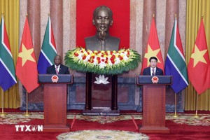 越南国家主席梁强和南非总统马塔梅拉·西里尔·拉马福萨主持记者会。图自越通社