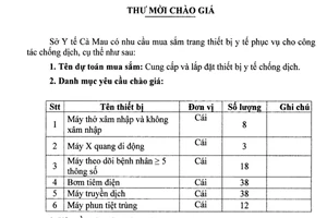 Sở Y tế Cà Mau cần mua sắm trang thiết bị phục vụ công tác chống dịch bệnh Covid-19