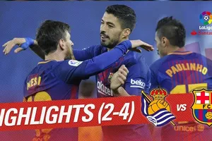 Real Sociedad - Barcelona 2-4: Suarez cú đúp, Messi, Paulinho góp vui