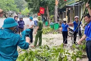 Chiến sĩ dân phòng và đoàn viên thanh niên xã Quế Phong (tỉnh Nghệ An) giúp dân phòng chống bão lũ