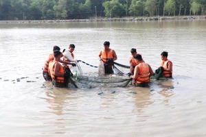 271團的戰士們正在捕魚，作為飯餐的食材。