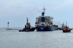 8月1日，懸掛塞拉利昂國旗的貨船“拉佐尼”號裝載著運往黎巴嫩的糧食離開敖德薩港。 © 路透社圖片