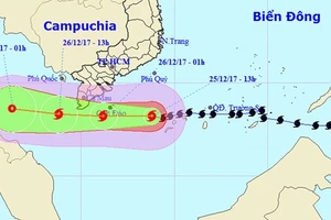 Hướng di chuyển hiện nay của cơn bão Tembin. Ảnh: TTDBKTTVTƯ