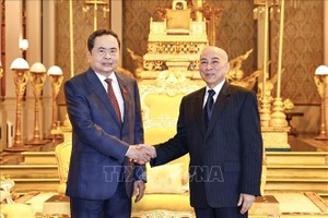 越南国会主席陈青敏拜访柬埔寨国王。图自越通社