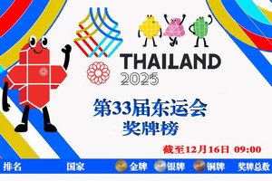  第33届东运会12月16日奖牌榜。
