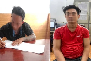 Đối tượng Nguyễn Hoàng Nam và Phạm Ngọc Định đến cơ quan công an xin đầu thú