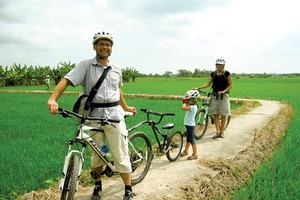 Foreign tourists visit the Mekong Delta region.