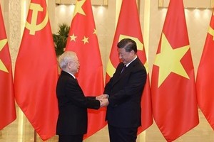 Party General Secretary and President of China Xi Jinping (R) shakes hands with Vietnamese Party General Secretary Nguyen Phu Trong (Photo: VNA) 