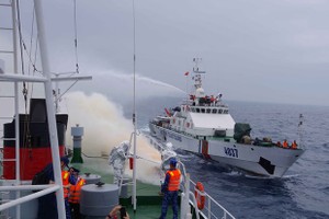 Officers and crew members of visiting Settu patrol ship of the Japan Coast Guard and Vietnam Coast Guard Region 2 Command at the joint training session. (Photo: VNA)