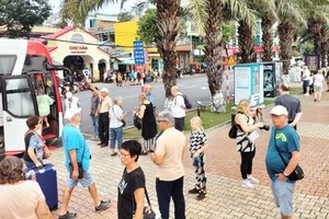 The cruise tourists take a walk along the Han River in Da Nang City. (Photo: SGGP)