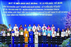 Chairwoman of the HCMC People’s Council Nguyen Thi Le and chairwoman of the Vietnam Fatherland Front Committee of HCMC Tran Kim Yen offer letters of thanks to individuals and collectives who supported the fund. (Photo: SGGP)