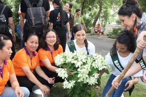 Contestants of the final round of Miss Earth 2023 plant trees and offer trees to residents in District 10, HCMC. (Photo: SGGP)