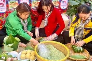 Participants take part in Banh Tet (the cylindrical-shaped rice cake) and Banh Chung (square sticky rice cake) making contest.