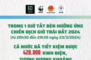 About 428,000kWh of electricity, equivalent to VND858.9 million (US$35,000) is saved in Vietnam during Earth Hour, when lights were turned off for one hour from 8:30 pm on March 23, said the Vietnam Electricity (EVN)’s National Load Dispatch Center.