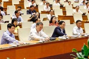 All 470 delegates present at the NA's 9th session vote in favor for the resolution amending key provisions of the Constitution of the Socialist Republic of Vietnam. (Photo: VNA)