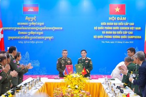 At the talks between Vietnamese Minister of National Defence General Phan Van Giang (R) and Cambodian Deputy Prime Minister and Minister of National Defence General Tea Seiha on November 13. (Photo: VNA)